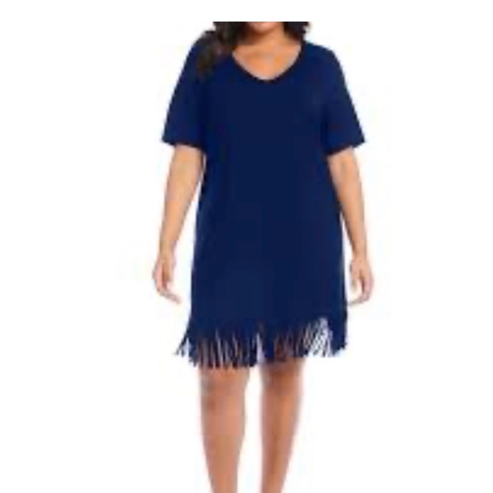 Karen Kane Women’s Plus Size 3X Navy Fringe Dress Stretchy Comfortable EUC